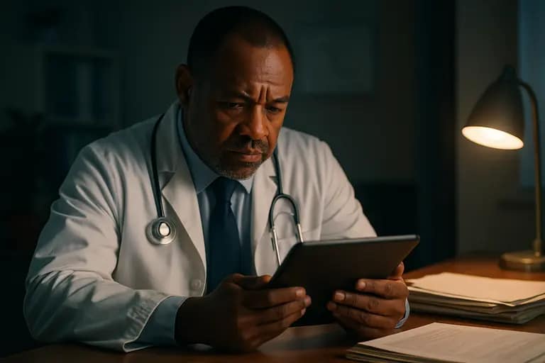 Clinician comparing printed research charts on a conference table