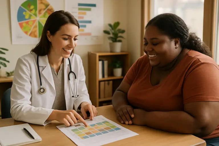 Care team meeting with charts and nutrition notes in a clinical setting