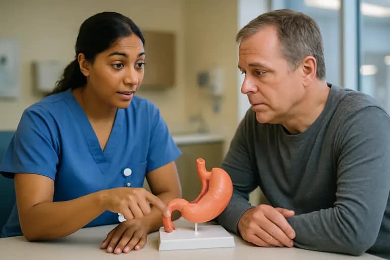 Clinician explaining bariatric procedure options with a patient in an exam room