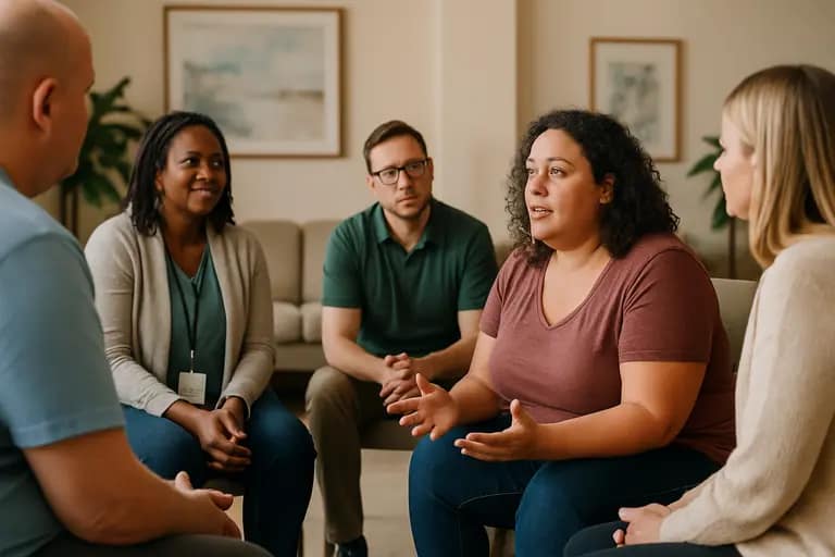 Small support group sitting in a calm community room