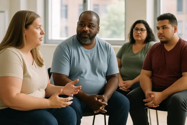 Small support group seated in a bright room during a calm discussion