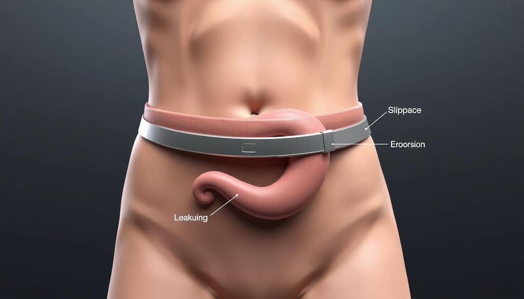 A detailed 3D visualization of a human abdomen, showcasing the anatomical structure of an adjustable gastric band and its potential complications. The image should depict the gastric band in a prominent position, with clear visual indicators of issues such as slippage, erosion, or leakage. The background should feature a subtle, clinical atmosphere, with a muted color palette and a sense of depth and scale. Lighting should be soft and directional, highlighting the surgical implant and surrounding tissues. The overall tone should convey a sense of medical precision and educational intent, without being overly graphic or disturbing. A detailed 3D visualization of a human abdomen, showcasing the anatomical structure of an adjustable gastric band and its potential complications. The image should depict the gastric band in a prominent position, with clear visual indicators of issues such as slippage, erosion, or leakage. The background should feature a subtle, clinical atmosphere, with a muted color palette and a sense of depth and scale. Lighting should be soft and directional, highlighting the surgical implant and surrounding tissues. The overall tone should convey a sense of medical precision and educational intent, without being overly graphic or disturbing.