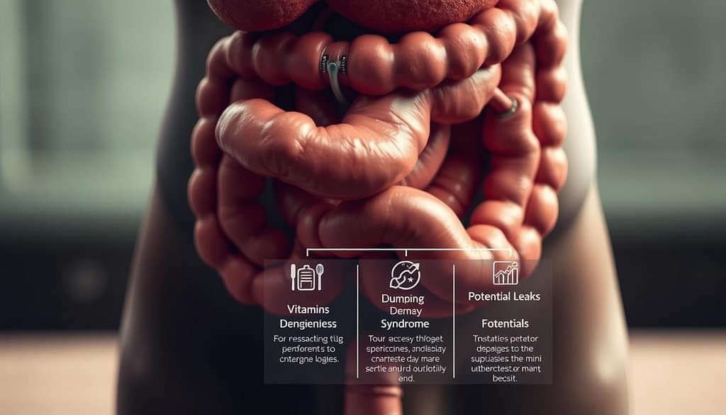 A detailed, close-up view of the human digestive system, specifically highlighting the mini gastric bypass surgery procedure. The foreground showcases the stomach, intestines, and surgical connections, rendered with anatomical accuracy and a muted, clinical color palette. The middle ground features a visual breakdown of the key risks associated with the procedure, such as vitamin deficiencies, dumping syndrome, and potential leaks, conveyed through subtle iconography and concise labels. The background subtly blurs, maintaining focus on the central medical elements while evoking a sense of seriousness and professionalism suitable for the article's subject matter. Lighting is soft and directional, casting subtle shadows to enhance depth and dimensionality. A detailed, close-up view of the human digestive system, specifically highlighting the mini gastric bypass surgery procedure. The foreground showcases the stomach, intestines, and surgical connections, rendered with anatomical accuracy and a muted, clinical color palette. The middle ground features a visual breakdown of the key risks associated with the procedure, such as vitamin deficiencies, dumping syndrome, and potential leaks, conveyed through subtle iconography and concise labels. The background subtly blurs, maintaining focus on the central medical elements while evoking a sense of seriousness and professionalism suitable for the article's subject matter. Lighting is soft and directional, casting subtle shadows to enhance depth and dimensionality.