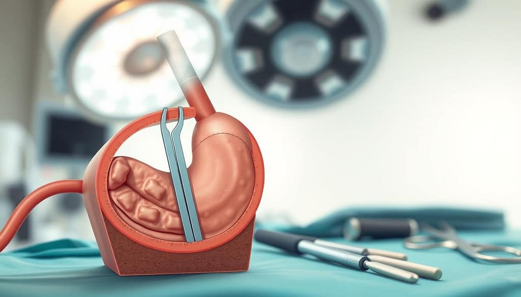 A detailed cross-section illustration depicting the sleeve gastrectomy surgical procedure. In the foreground, a precise anatomical diagram shows the stomach being stapled and resected, revealing the internal structures. In the middle ground, surgical tools and instruments are neatly arranged, conveying the technical precision of the operation. The background features a softly blurred operating room scene, with bright, even lighting and a sterile, clinical atmosphere. The overall mood is one of medical expertise and therapeutic intent, reflecting the step-by-step nature of this life-changing procedure. A detailed cross-section illustration depicting the sleeve gastrectomy surgical procedure. In the foreground, a precise anatomical diagram shows the stomach being stapled and resected, revealing the internal structures. In the middle ground, surgical tools and instruments are neatly arranged, conveying the technical precision of the operation. The background features a softly blurred operating room scene, with bright, even lighting and a sterile, clinical atmosphere. The overall mood is one of medical expertise and therapeutic intent, reflecting the step-by-step nature of this life-changing procedure.
