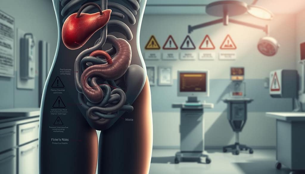 A detailed medical illustration showcasing the risks and potential complications of weight loss surgery. The foreground depicts a transparent human abdomen, highlighting the surgical site and key anatomical structures. Middle ground features various warning icons and hazard symbols, conveying the gravity of potential issues. The background is a clinical, sterile environment with medical equipment and a muted color palette, establishing a somber, informative tone. Dramatic side lighting casts shadows, emphasizing the seriousness of the subject matter. The overall composition strikes a balance between technical precision and emotive storytelling, intended to educate and inform the viewer about the critical considerations surrounding weight loss procedures. A detailed medical illustration showcasing the risks and potential complications of weight loss surgery. The foreground depicts a transparent human abdomen, highlighting the surgical site and key anatomical structures. Middle ground features various warning icons and hazard symbols, conveying the gravity of potential issues. The background is a clinical, sterile environment with medical equipment and a muted color palette, establishing a somber, informative tone. Dramatic side lighting casts shadows, emphasizing the seriousness of the subject matter. The overall composition strikes a balance between technical precision and emotive storytelling, intended to educate and inform the viewer about the critical considerations surrounding weight loss procedures.