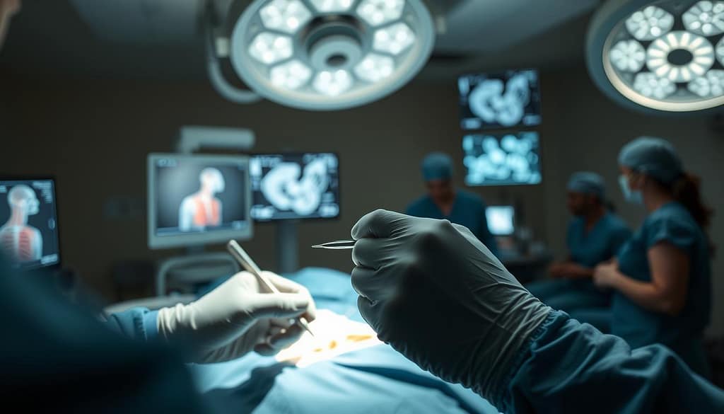 A detailed surgical suite with a minimally invasive procedure underway. In the foreground, a surgeon's gloved hands delicately manipulating laparoscopic instruments through small incisions. The middle ground showcases advanced medical imaging monitors displaying the patient's anatomy. In the background, a team of healthcare professionals closely monitoring the operation. Soft, directional lighting casts a serene, focused atmosphere. Muted colors evoke the clinical setting, while subtle shadows and depth of field draw the viewer's attention to the critical procedure at hand. A detailed surgical suite with a minimally invasive procedure underway. In the foreground, a surgeon's gloved hands delicately manipulating laparoscopic instruments through small incisions. The middle ground showcases advanced medical imaging monitors displaying the patient's anatomy. In the background, a team of healthcare professionals closely monitoring the operation. Soft, directional lighting casts a serene, focused atmosphere. Muted colors evoke the clinical setting, while subtle shadows and depth of field draw the viewer's attention to the critical procedure at hand.