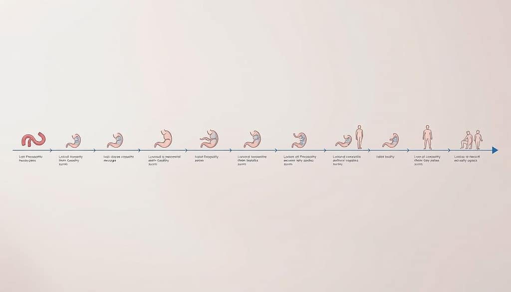 A detailed timeline showcasing the RYGB (Roux-en-Y Gastric Bypass) surgical recovery process. In the foreground, a series of medical illustrations depict the key stages, from the initial procedure to the gradual restoration of normal bodily functions. The middle ground features a soft, pastel-toned backdrop, conveying a sense of healing and wellness. Subtle lighting accentuates the organic, anatomical details, while the camera angle provides a clean, technical perspective. The overall mood is one of informative clarity, guiding the viewer through the comprehensive RYGB recovery journey. A detailed timeline showcasing the RYGB (Roux-en-Y Gastric Bypass) surgical recovery process. In the foreground, a series of medical illustrations depict the key stages, from the initial procedure to the gradual restoration of normal bodily functions. The middle ground features a soft, pastel-toned backdrop, conveying a sense of healing and wellness. Subtle lighting accentuates the organic, anatomical details, while the camera angle provides a clean, technical perspective. The overall mood is one of informative clarity, guiding the viewer through the comprehensive RYGB recovery journey.