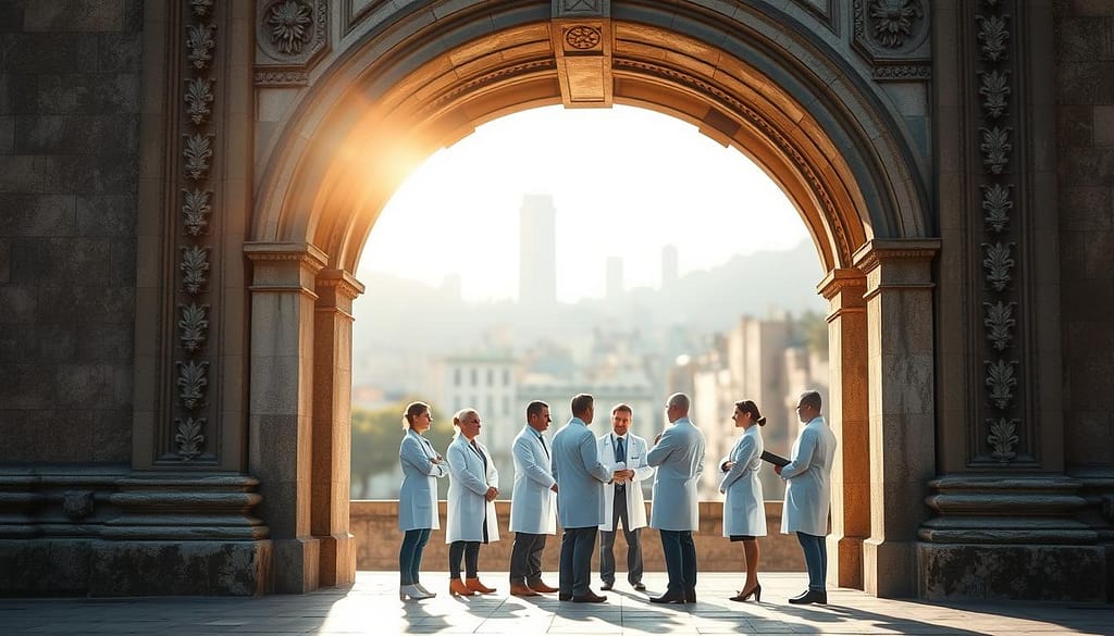 A large, imposing stone archway stands in the foreground, its intricate carvings and weathered facade conveying a sense of authority and solemnity. Sunlight filters through the arched entrance, casting a warm glow on the scene. In the middle ground, a group of medical professionals in crisp white coats and scrubs gather, discussing the candidacy requirements for the SADI procedure with a sense of gravity and professionalism. The background is a blurred, out-of-focus cityscape, hinting at the larger medical community and the importance of this specialized treatment. The overall mood is one of seriousness, expertise, and the weight of the decision-making process. A large, imposing stone archway stands in the foreground, its intricate carvings and weathered facade conveying a sense of authority and solemnity. Sunlight filters through the arched entrance, casting a warm glow on the scene. In the middle ground, a group of medical professionals in crisp white coats and scrubs gather, discussing the candidacy requirements for the SADI procedure with a sense of gravity and professionalism. The background is a blurred, out-of-focus cityscape, hinting at the larger medical community and the importance of this specialized treatment. The overall mood is one of seriousness, expertise, and the weight of the decision-making process.