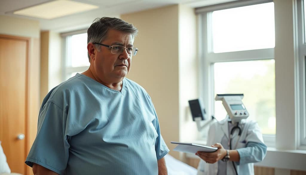 A middle-aged person standing in a medical examination room, wearing a hospital gown and being evaluated by a doctor. The room is brightly lit with natural light filtering in through large windows, creating a warm and clinical atmosphere. The doctor is examining the patient's abdomen, using specialized medical equipment and taking notes. The patient's face shows a mixture of apprehension and determination, reflecting the gravity of the decision to undergo gastric bypass surgery. The scene conveys the thoughtful and thorough assessment required to determine if the patient is a suitable candidate for the procedure. A middle-aged person standing in a medical examination room, wearing a hospital gown and being evaluated by a doctor. The room is brightly lit with natural light filtering in through large windows, creating a warm and clinical atmosphere. The doctor is examining the patient's abdomen, using specialized medical equipment and taking notes. The patient's face shows a mixture of apprehension and determination, reflecting the gravity of the decision to undergo gastric bypass surgery. The scene conveys the thoughtful and thorough assessment required to determine if the patient is a suitable candidate for the procedure.