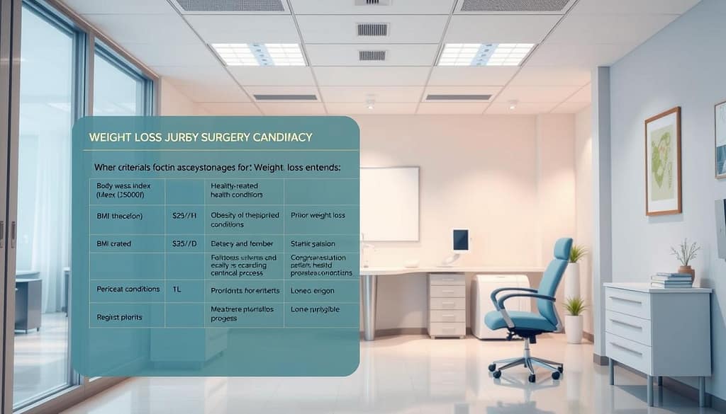 A modern, well-lit medical office setting. In the foreground, a large, high-resolution illustration depicts the key criteria for weight loss surgery candidacy, including body mass index (BMI) thresholds, obesity-related health conditions, and prior weight loss attempts. The middle ground showcases medical equipment and reference materials, hinting at the professional, clinical nature of the assessment process. The background features a soothing, neutral color palette and minimal, tasteful decor, creating a calm, authoritative atmosphere. The overall composition conveys a sense of informative clarity and medical expertise, suitable for an educational article on weight loss procedures.