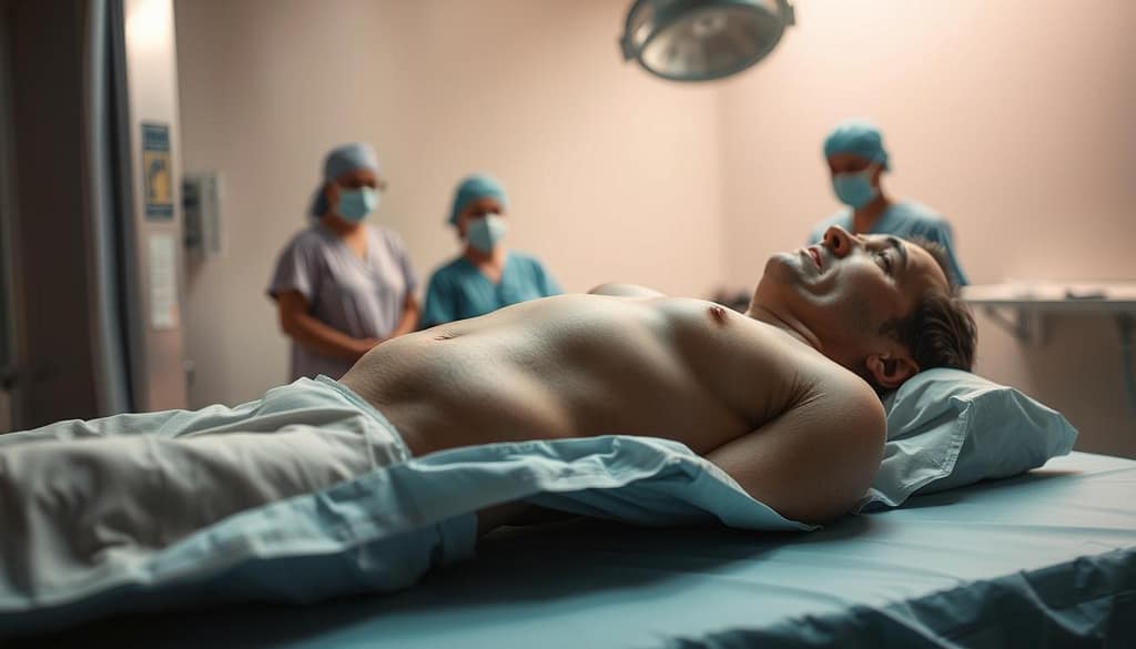 A sterile hospital room bathed in soft, clinical lighting. In the foreground, a patient lying on an examination table, their torso exposed, the focus on the scarred and sutured skin of their abdomen. The expression on their face is one of apprehension, the weight of the surgery's risks evident in their furrowed brow and downcast eyes. In the middle ground, a team of attentive medical professionals, their faces shielded by masks, poised to address any complications that may arise. The background fades into a hazy, neutral palette, emphasizing the gravity and seriousness of the procedure.