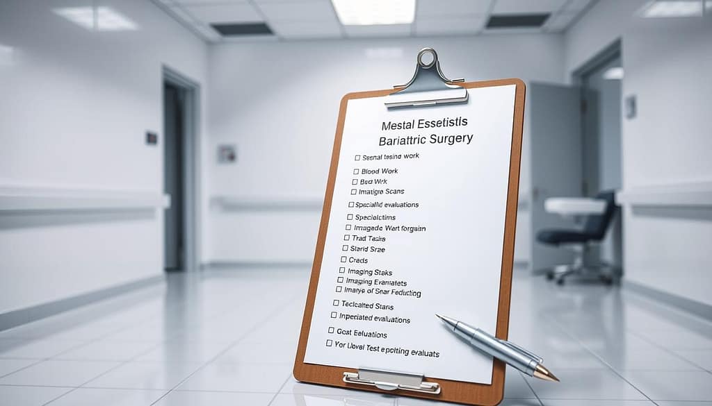 A sterile medical examination room with crisp white walls and tiled floors. In the foreground, a neatly organized checklist of essential medical tests for bariatric surgery, including blood work, imaging scans, and specialized evaluations. The checklist is presented on a clipboard with a silver pen resting nearby, conveying a sense of clinical professionalism. Soft, directional lighting illuminates the scene, casting subtle shadows and highlighting the details. The atmosphere is one of precision, cleanliness, and a focus on the important steps necessary for a successful bariatric procedure. The overall composition guides the viewer's attention to the critical information needed for this transformative medical journey.