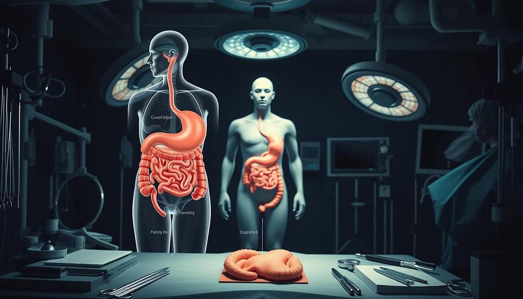 A surgical theater filled with the tools and instruments used in bariatric revision procedures. In the foreground, a detailed anatomical illustration of the human digestive system, highlighting the various surgical options for revision, such as gastric bypass, sleeve gastrectomy, and duodenal switch. The middle ground features a 3D model of the human body, showcasing the affected areas and the surgical techniques employed. The background is dimly lit, with a clinical atmosphere conveyed through muted tones and subtle lighting, creating a sense of seriousness and professionalism. The overall composition emphasizes the complexity and importance of these specialized surgical interventions.
