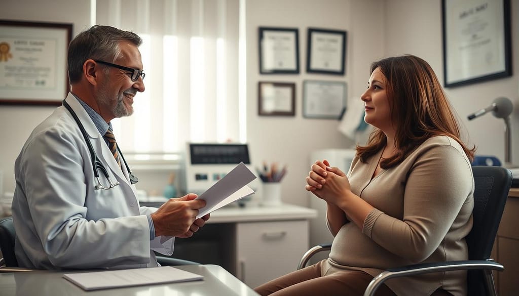 A well-lit medical office setting with a doctor and patient engaged in a mental health assessment for bariatric surgery. The doctor sits at their desk, reviewing documents, with a warm, empathetic expression. The patient, appearing anxious yet determined, sits across from the doctor, hands clasped, making eye contact. In the background, diplomas and medical equipment create a professional atmosphere. Soft, natural lighting filters in through a window, casting a calming glow over the scene. The overall mood is one of care, understanding, and the patient's readiness to embark on their healthcare journey. A well-lit medical office setting with a doctor and patient engaged in a mental health assessment for bariatric surgery. The doctor sits at their desk, reviewing documents, with a warm, empathetic expression. The patient, appearing anxious yet determined, sits across from the doctor, hands clasped, making eye contact. In the background, diplomas and medical equipment create a professional atmosphere. Soft, natural lighting filters in through a window, casting a calming glow over the scene. The overall mood is one of care, understanding, and the patient's readiness to embark on their healthcare journey.