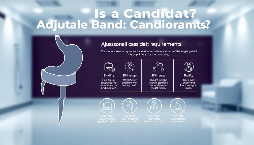 Adjustable band candidate requirements: a detailed medical diagram showcasing the key factors for successful gastric band surgery eligibility. The foreground depicts a minimalist technical illustration of an adjustable gastric band, its components, and how it fits around the stomach. The middle ground features a series of infographic-style icons and data points outlining the ideal patient profile - BMI range, weight history, overall health status, and other crucial criteria. The background is a clean, soft-focused medical environment with subtle lighting, conveying a sense of clinical precision and professionalism. The overall mood is informative, visually engaging, and attuned to the subject of "Who Is a Candidate?" for this specific surgical procedure.