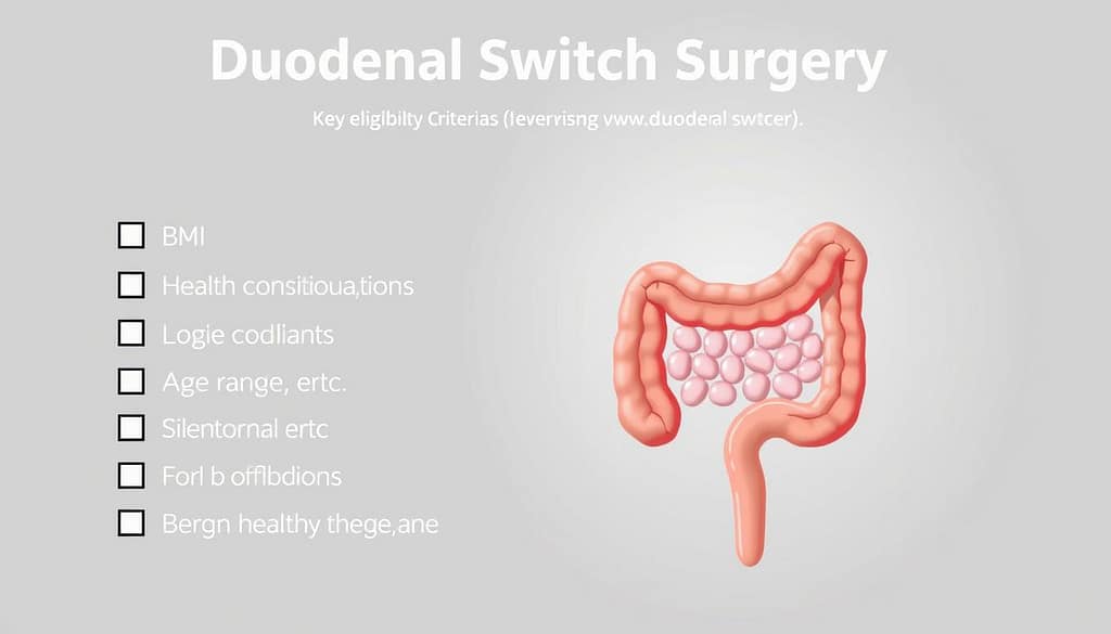 Detailed medical diagram showcasing the key eligibility criteria for duodenal switch surgery. Crisp, high-resolution illustration with a clinical, informative aesthetic. Foreground depicts a checklist of patient requirements - BMI, health conditions, age range, etc. - rendered in clean, legible typography. Midground features a simplified anatomical cross-section of the duodenum and surrounding structures. Background subtle gradient in soothing medical tones, with a minimalist design that prioritizes clarity and comprehension. Balanced lighting accentuates the technical details, conveying an authoritative, educational tone aligned with the article's informational purpose. Detailed medical diagram showcasing the key eligibility criteria for duodenal switch surgery. Crisp, high-resolution illustration with a clinical, informative aesthetic. Foreground depicts a checklist of patient requirements - BMI, health conditions, age range, etc. - rendered in clean, legible typography. Midground features a simplified anatomical cross-section of the duodenum and surrounding structures. Background subtle gradient in soothing medical tones, with a minimalist design that prioritizes clarity and comprehension. Balanced lighting accentuates the technical details, conveying an authoritative, educational tone aligned with the article's informational purpose.