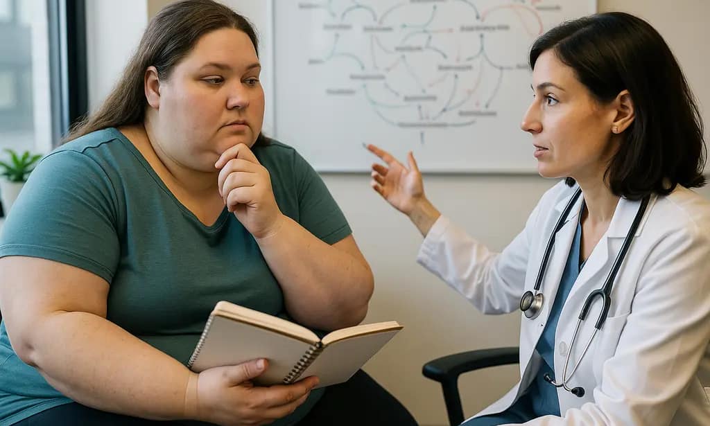 Clinician reviewing ACP GLP-1 Guidelines with a bariatric patient in an exam room