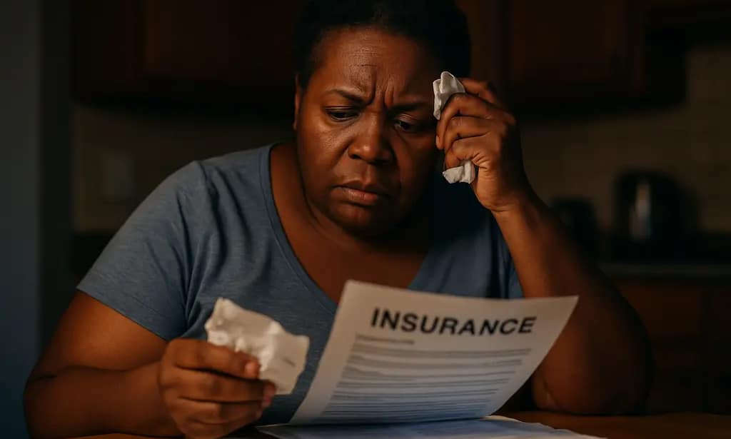 Patient reviewing bariatric insurance denials paperwork at a kitchen table