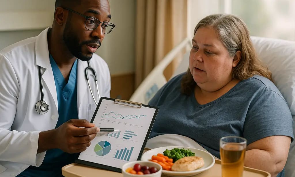 Clinician discussing bariatric surgery benefits with a patient in a quiet exam room