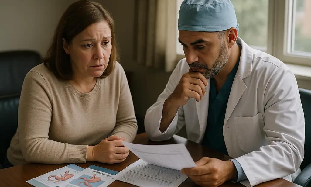 Patient reviewing bariatric surgery costs with paperwork and a calculator