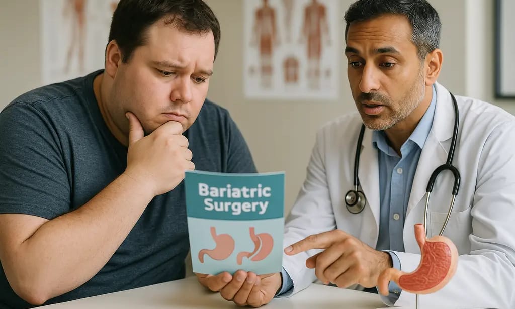 Patient reviewing bariatric surgery coverage papers with a notebook at home