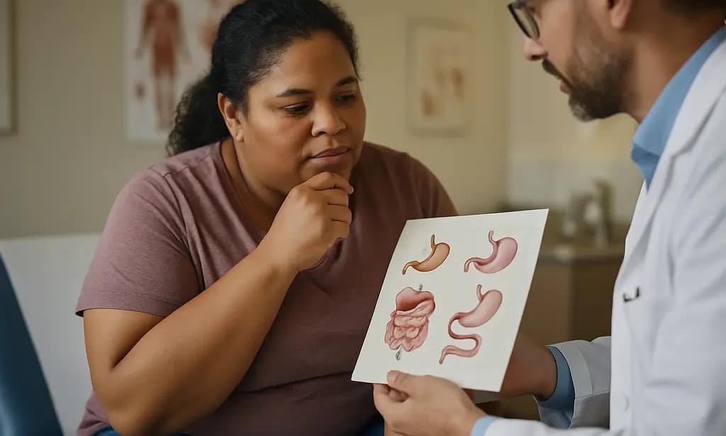 Clinician reviewing bariatric surgery options with a patient in a consultation room