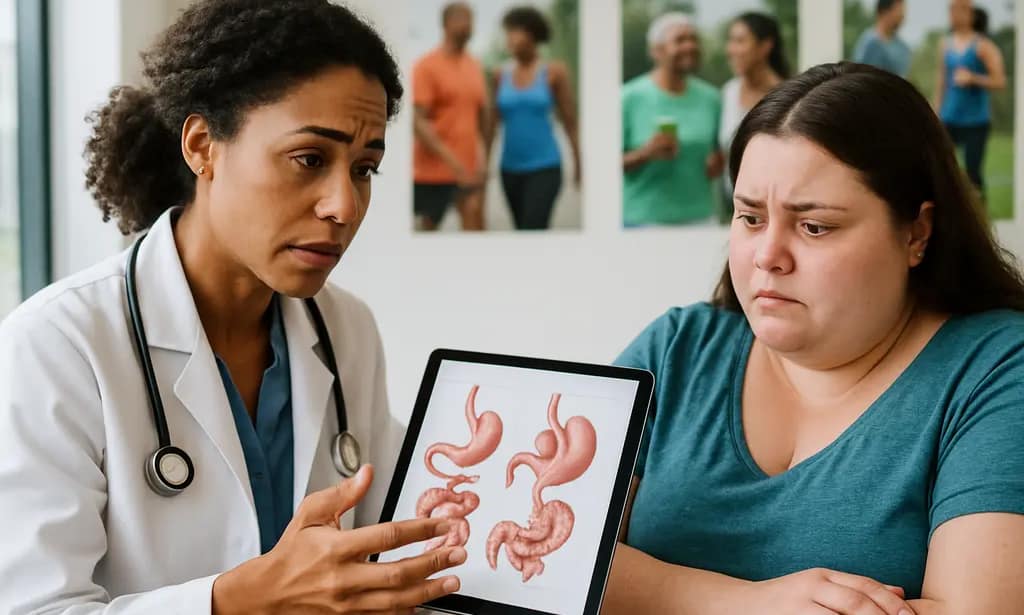 Patient reviewing endoscopic bariatric coverage documents at a kitchen table