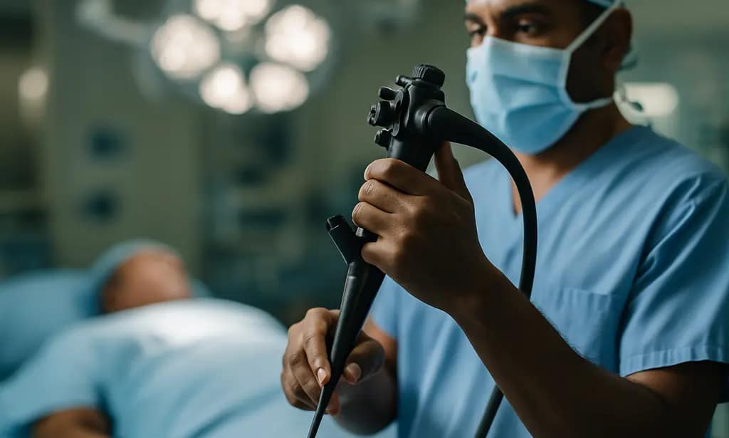 Patient reviewing endoscopic bariatric coverage papers at a desk