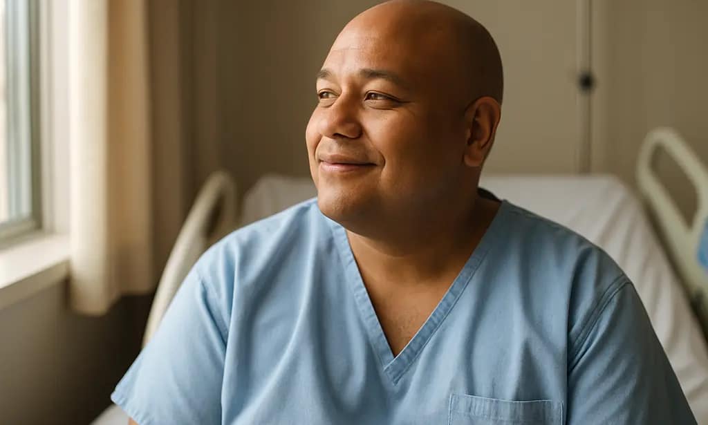 Patient reviewing mental well-being notes before a bariatric follow-up visit