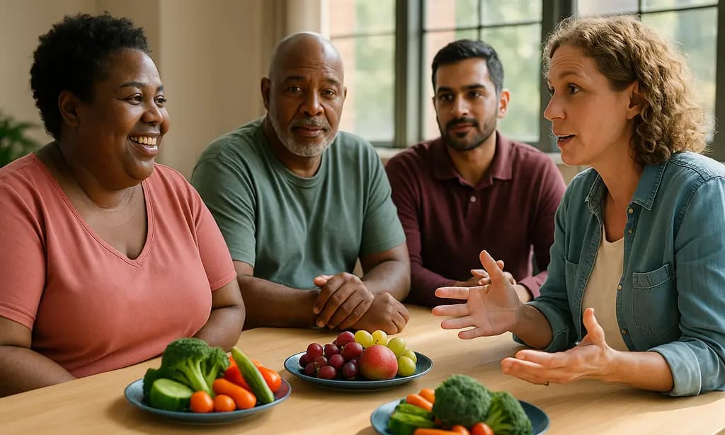 Clinician and patient reviewing obesity management options in a calm consultation room