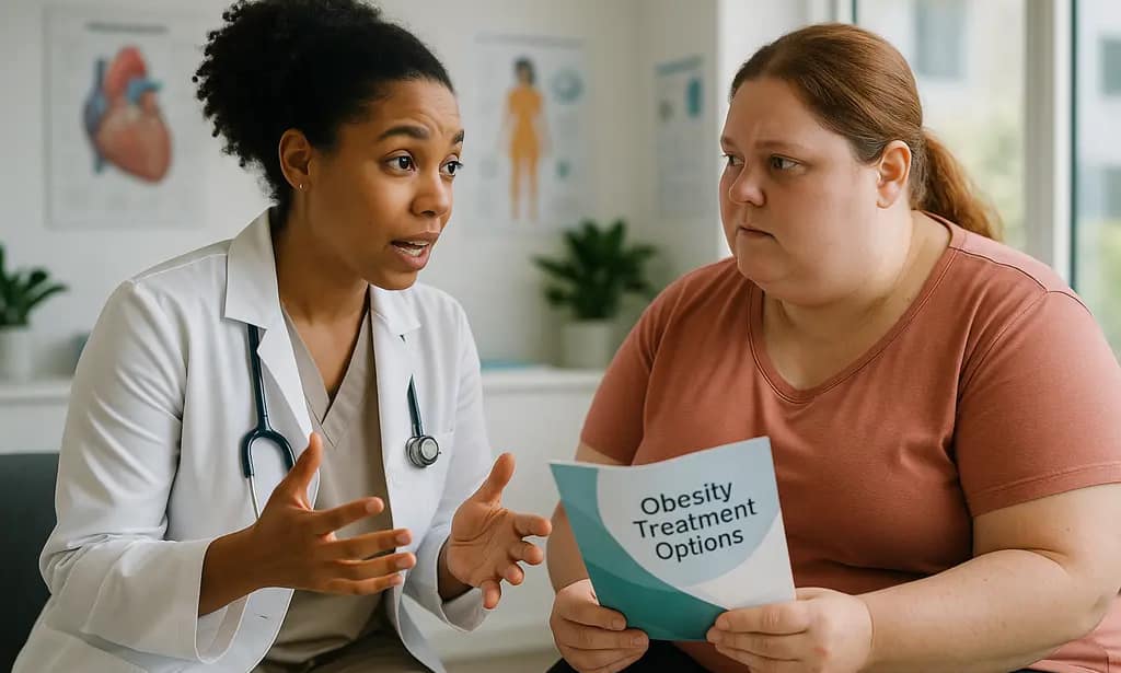 Clinician and patient discussing obesity treatment options at a desk