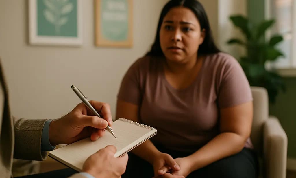 Bariatric Psychological Evaluation discussion with a patient and clinician in a quiet office
