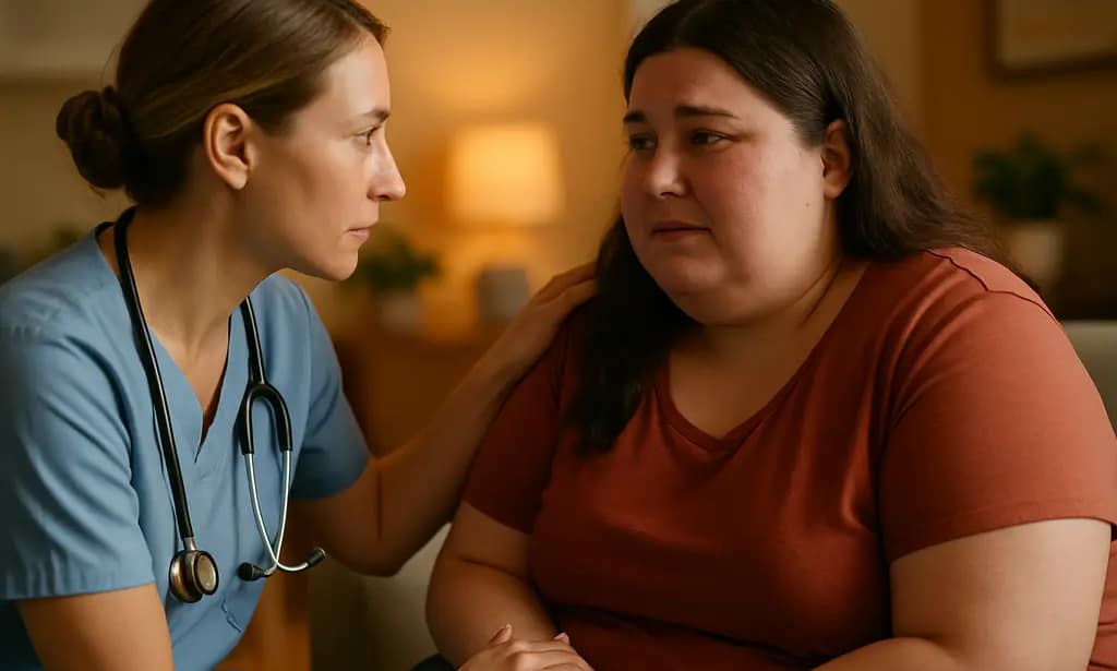 Post-bariatric mental health discussion between a patient and clinician in a quiet office