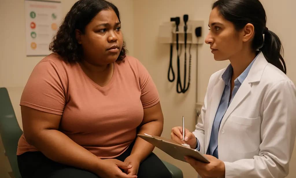 Patient reviewing ADA Obesity Standards notes with a clinician at a desk