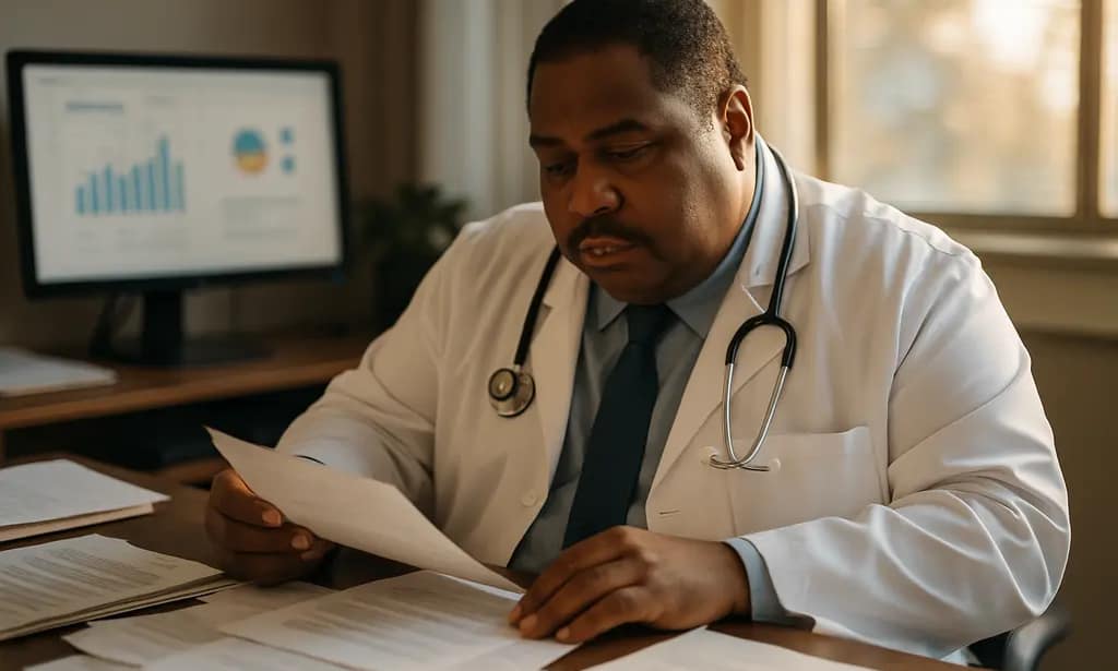 Medicare bariatric coverage paperwork on a desk with a pen and reading glasses