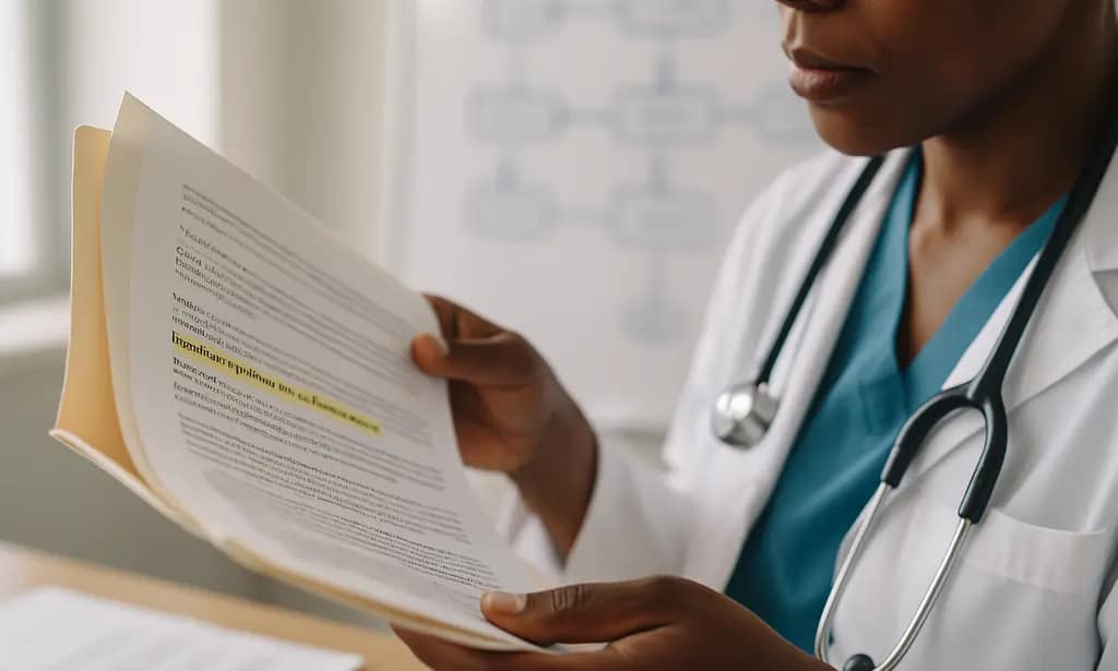 UnitedHealthcare bariatric coverage documents on a desk beside a pen and calendar