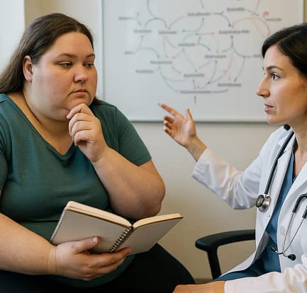 Clinician reviewing ACP GLP-1 Guidelines with a bariatric patient in an exam room