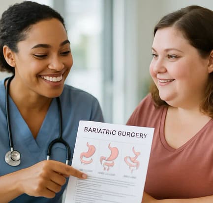 Bariatric Coverage paperwork beside a calculator and insurance card on a desk