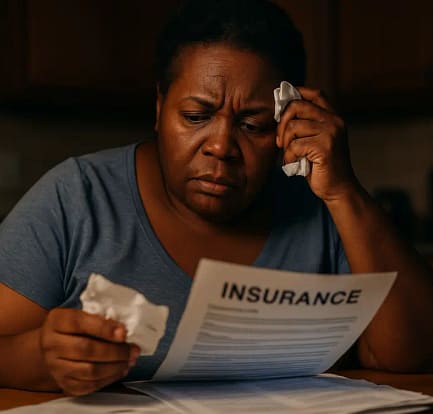 Patient reviewing bariatric insurance denials paperwork at a kitchen table