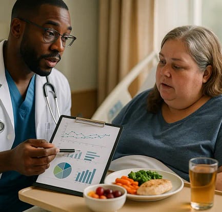 Clinician discussing bariatric surgery benefits with a patient in a quiet exam room