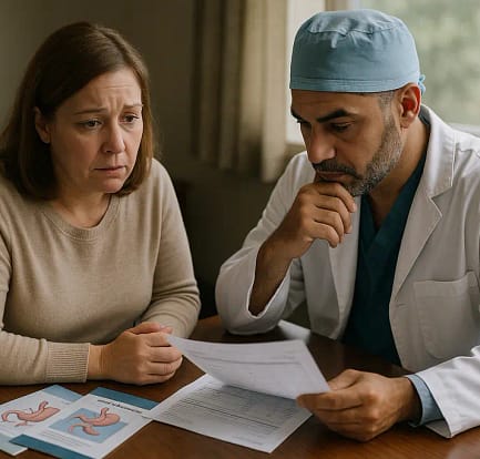 Patient reviewing bariatric surgery costs with paperwork and a calculator
