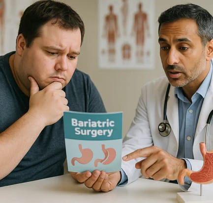 Patient reviewing bariatric surgery coverage papers with a notebook at home