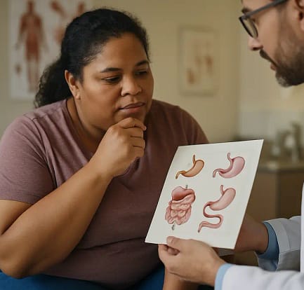 Clinician reviewing bariatric surgery options with a patient in a consultation room