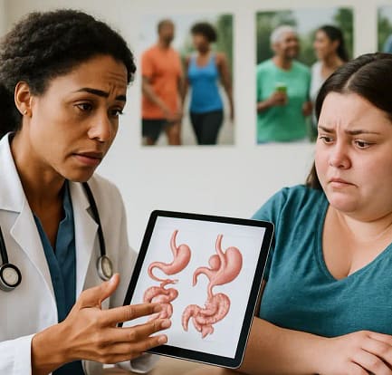 Patient reviewing endoscopic bariatric coverage documents at a kitchen table