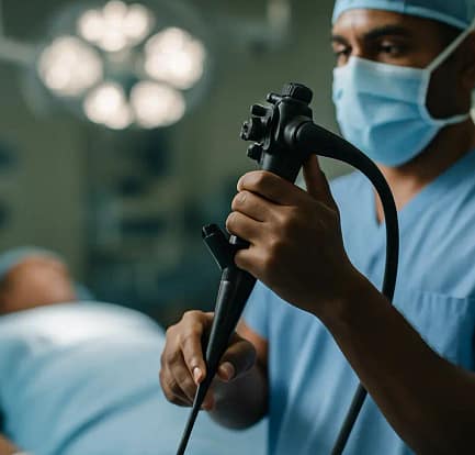 Patient reviewing endoscopic bariatric coverage papers at a desk