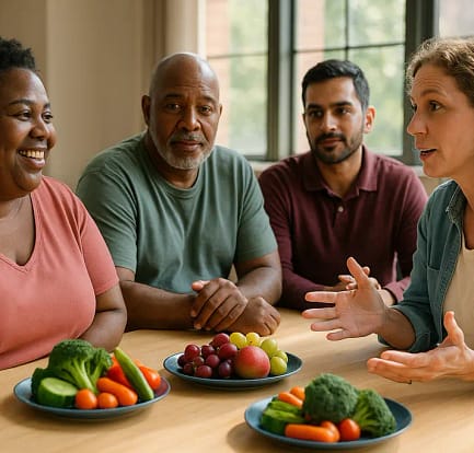 Clinician and patient reviewing obesity management options in a calm consultation room