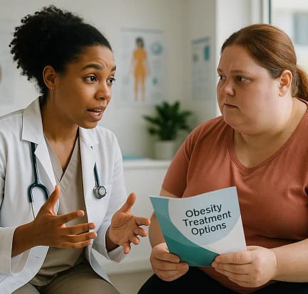 Clinician and patient discussing obesity treatment options at a desk