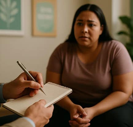 Bariatric Psychological Evaluation discussion with a patient and clinician in a quiet office
