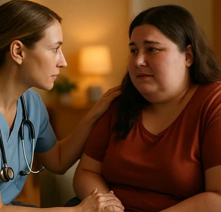 Post-bariatric mental health discussion between a patient and clinician in a quiet office