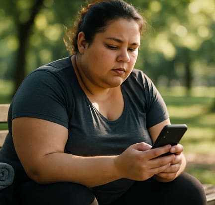 Post-bariatric mental health discussion with a clinician in a calm exam room
